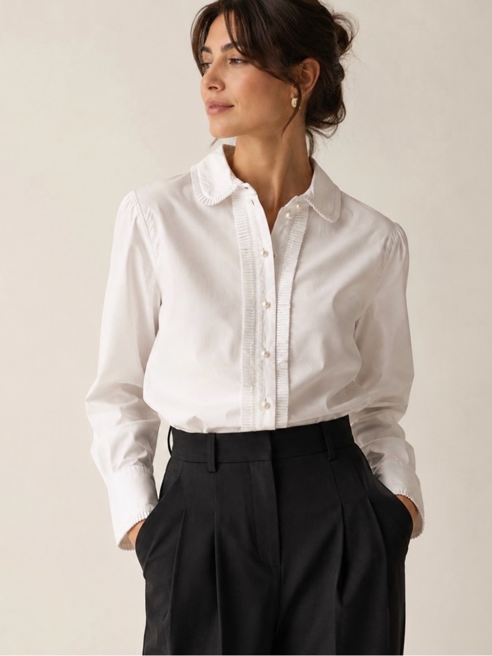 J Crew Garçon Pleated Shirt Pearl Buttons XS White French Cuffs Old Money Blouse